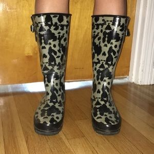 Cow print rain boots